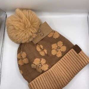 C.C Brown Floral Knit Beanie with Pom